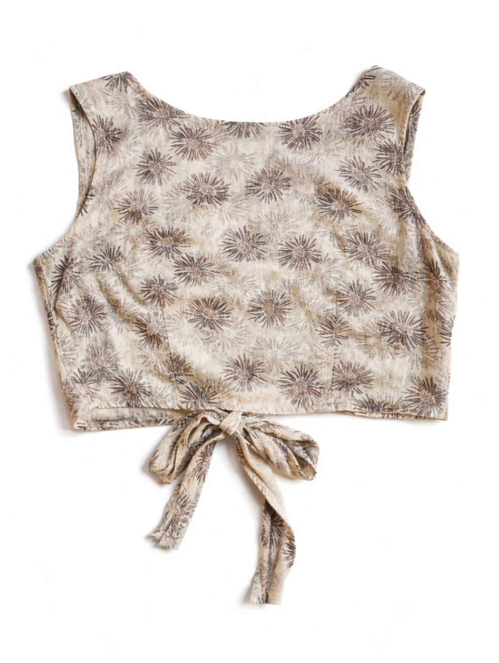 Women’s Cottagcore Tie-Back Crop Top in Cream with Brown Floral Print SZ Small